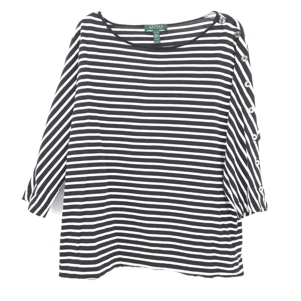 Lauren‎ Ralph Lauren striped stretch knit top Size 1X black/white silver buttons